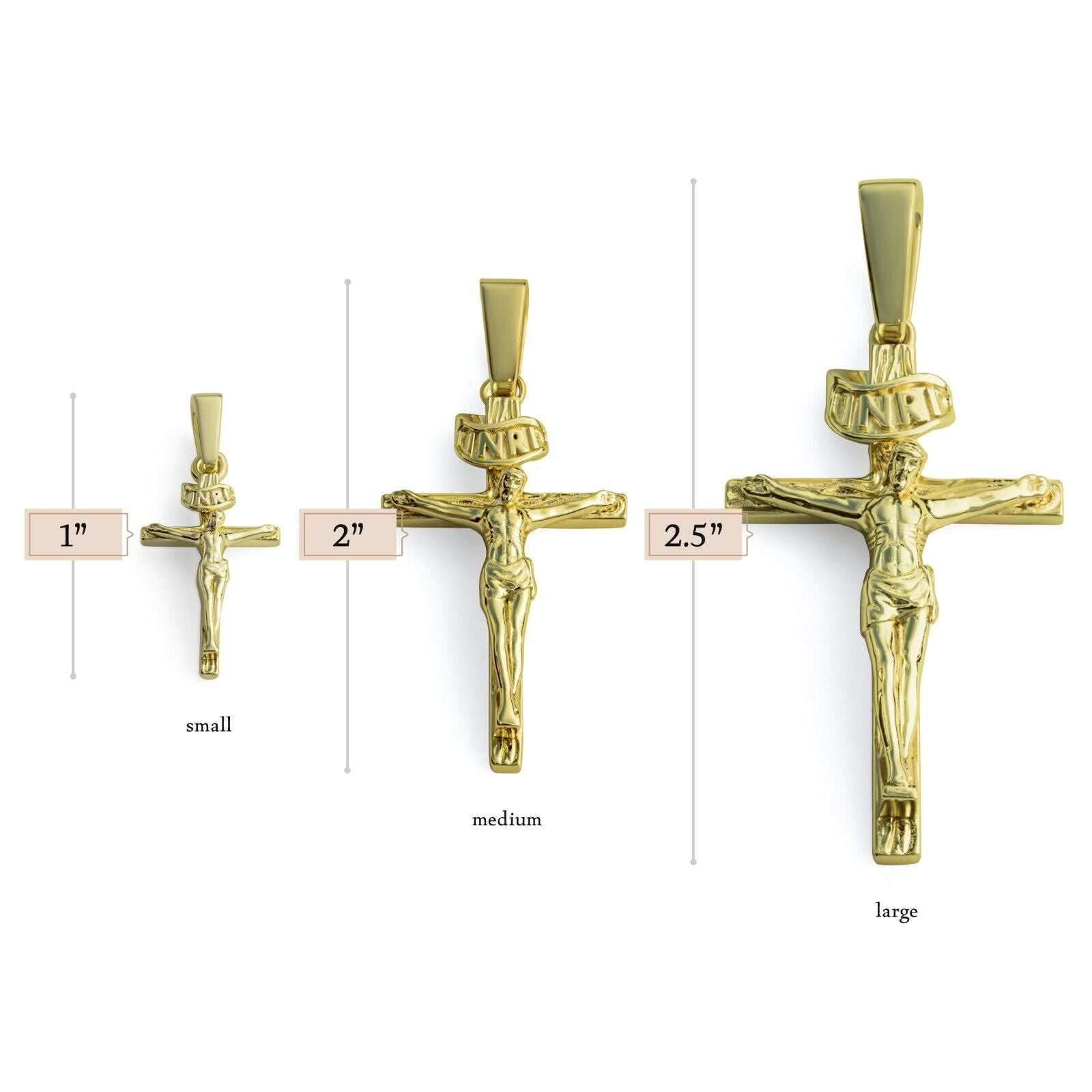 Gold Jesus Cross Crucifix Pendant in 14k finish, hand-crafted in Italy, available in small, medium, and large sizes.