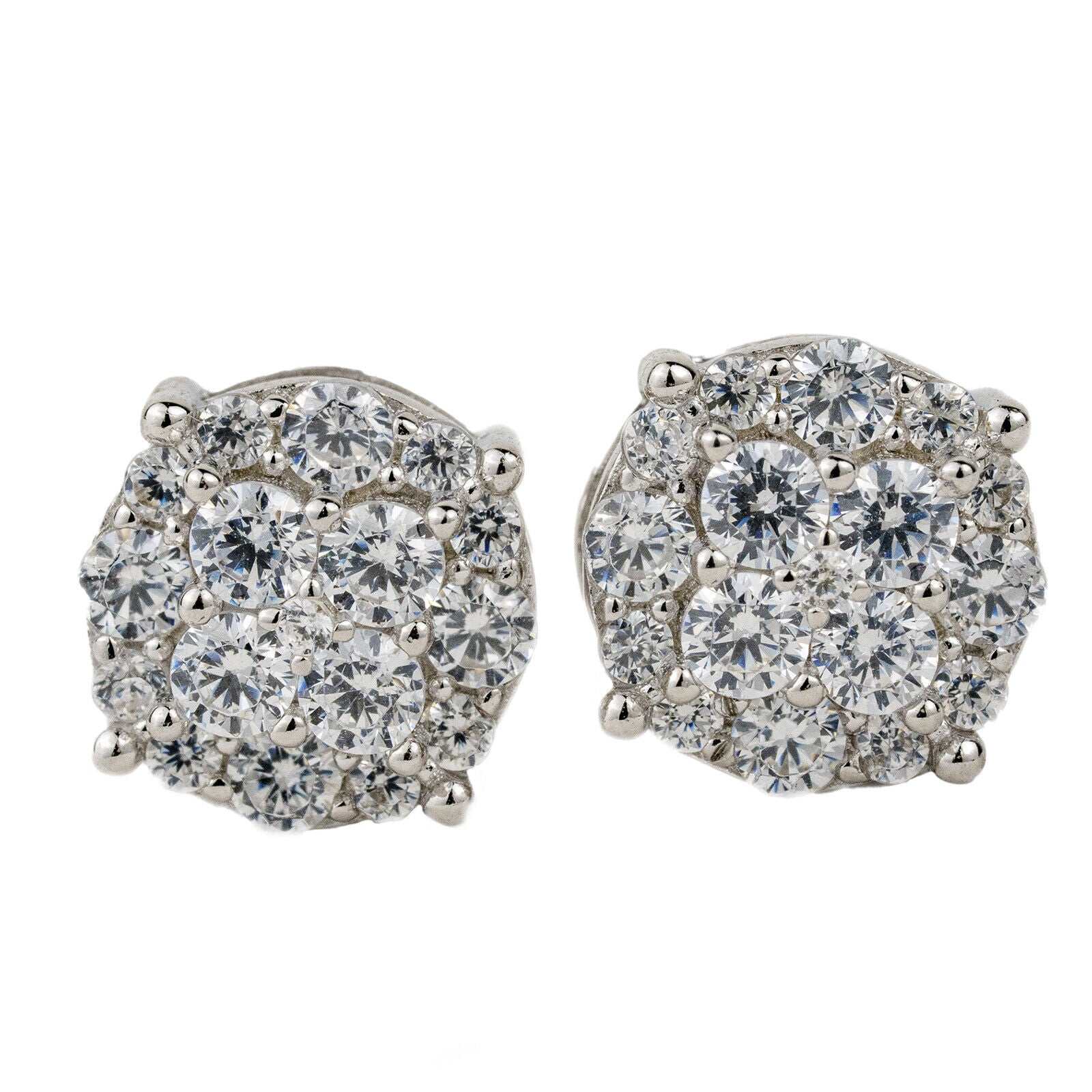 Men's 925 sterling silver round lobe screw back CZ hip hop earrings.