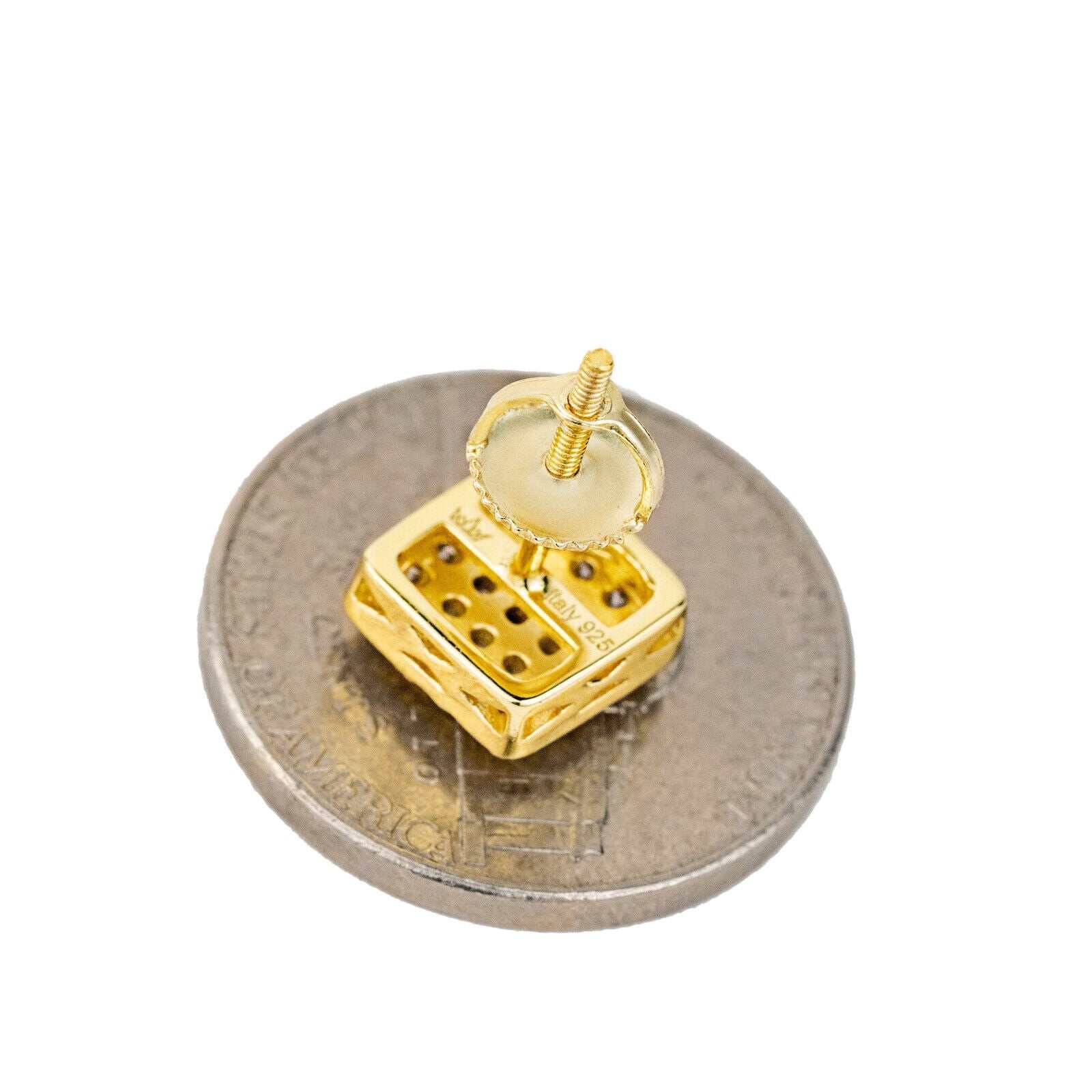Square shaped stud earrings with cubic zirconia, gold-plated sterling silver, unisex design.