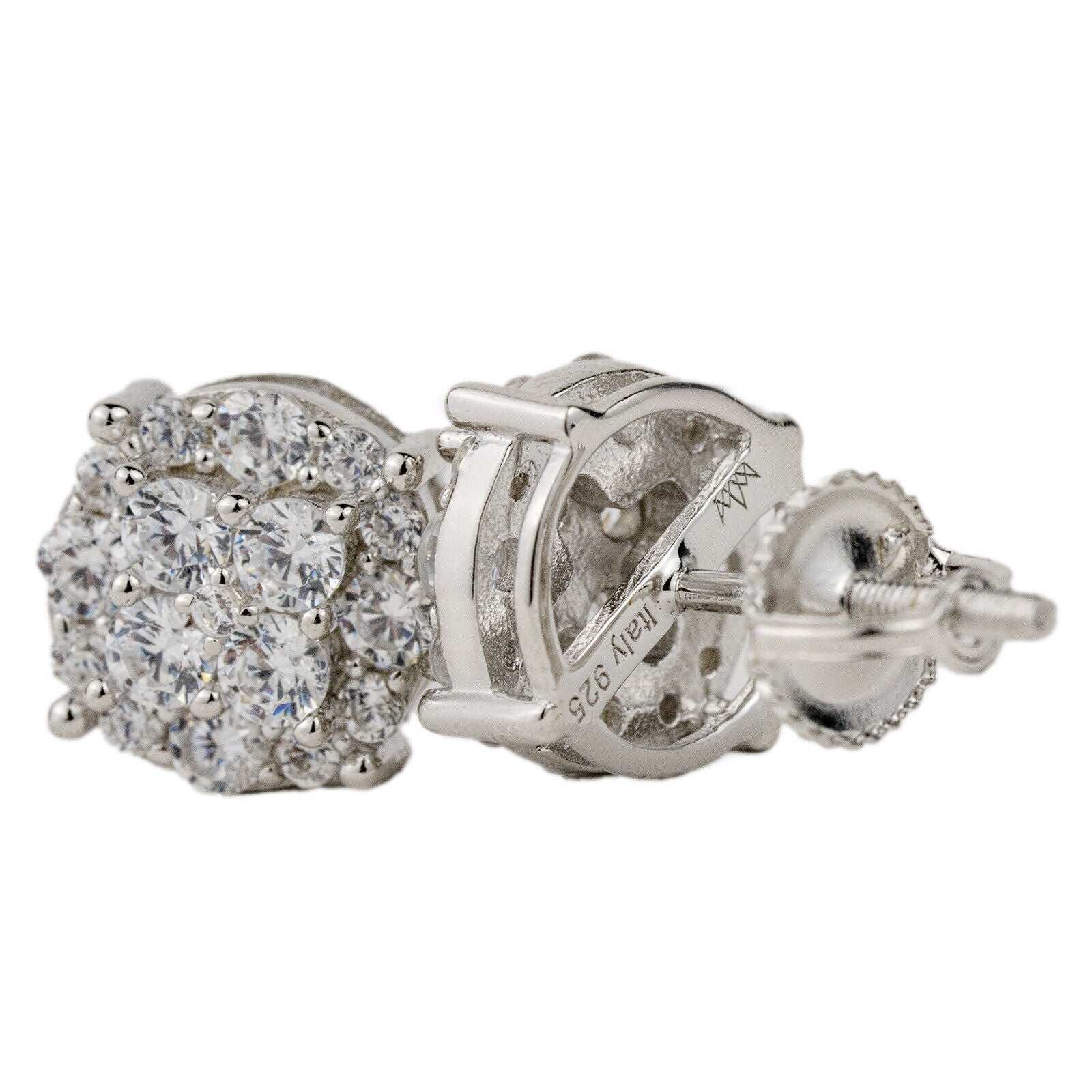 Men’s hip hop earring, solid 925 sterling silver, round lobe design, screw back, cubic zirconia stones.