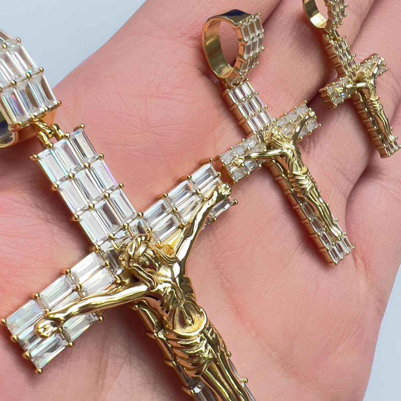 14K gold finish Jesus crucifix pendant with cubic zirconia detail, available in multiple sizes.