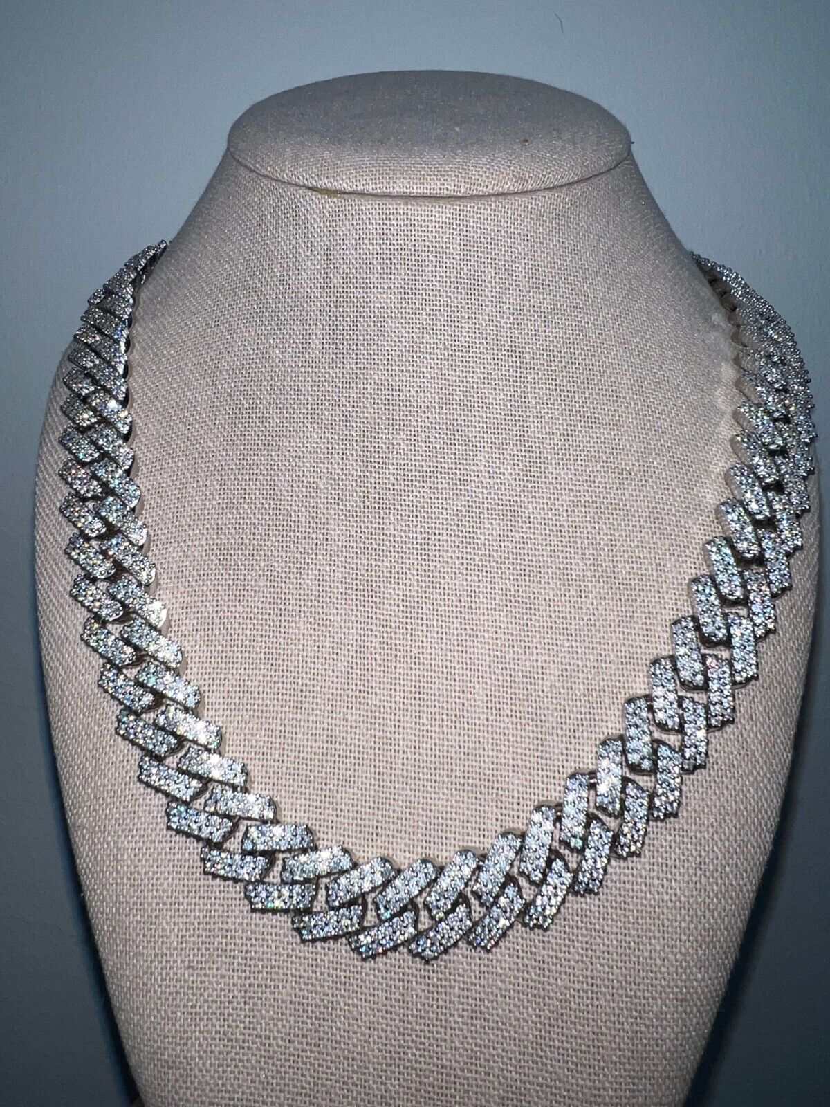 97ct Moissanite Real Miami Cuban Link Chain Iced Hip Hop 925 Silver Necklace on display bust.