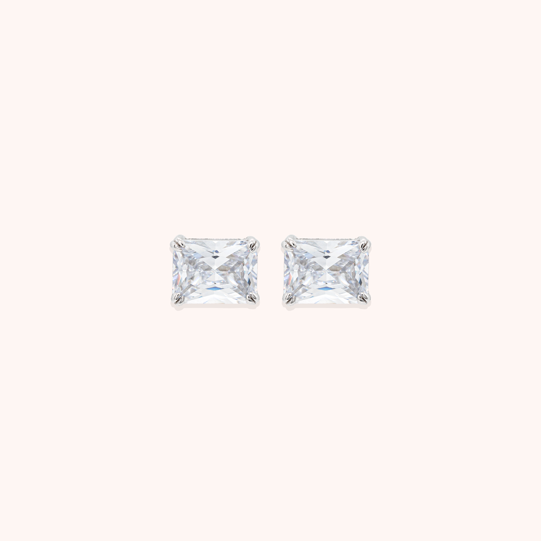 Rectangular stud earrings for men in 925 sterling silver with clear CZ stones and rhodium plating.