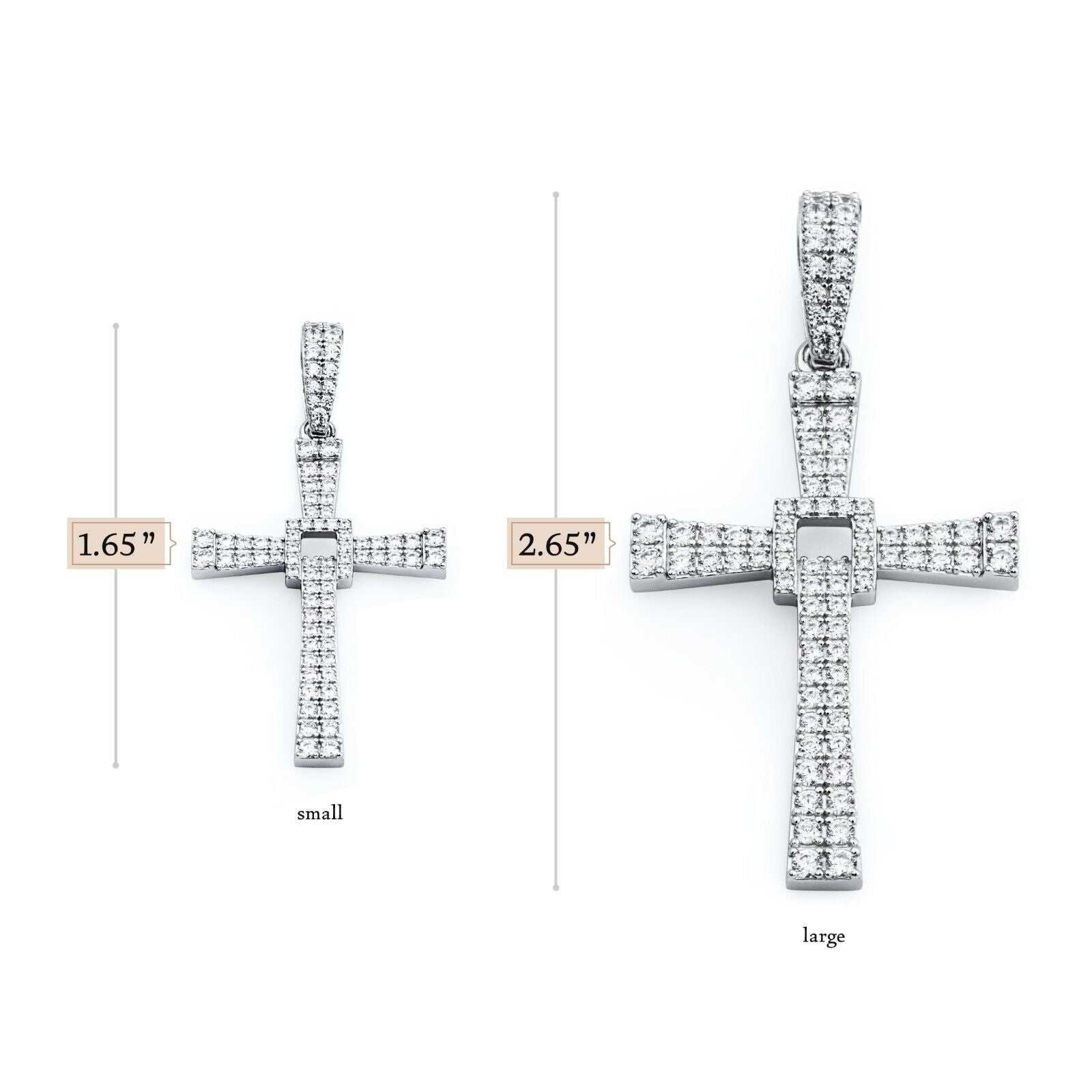 Real Solid 925 Sterling Silver Cross Jesus Crucifix Pendant with CZ Stones, available in two sizes, showcasing intricate design and rhodium plating.