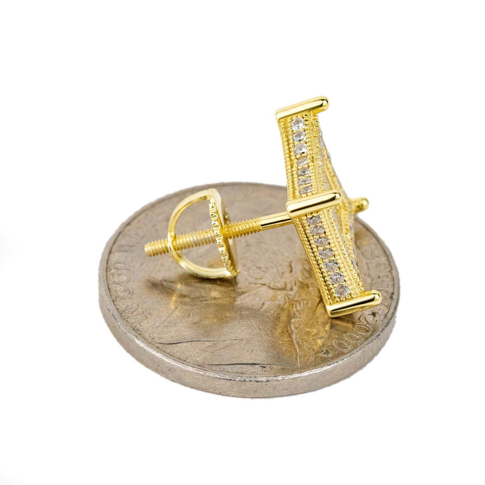 Mens 14k gold plated sterling silver CZ square kite earrings on coin for scale.