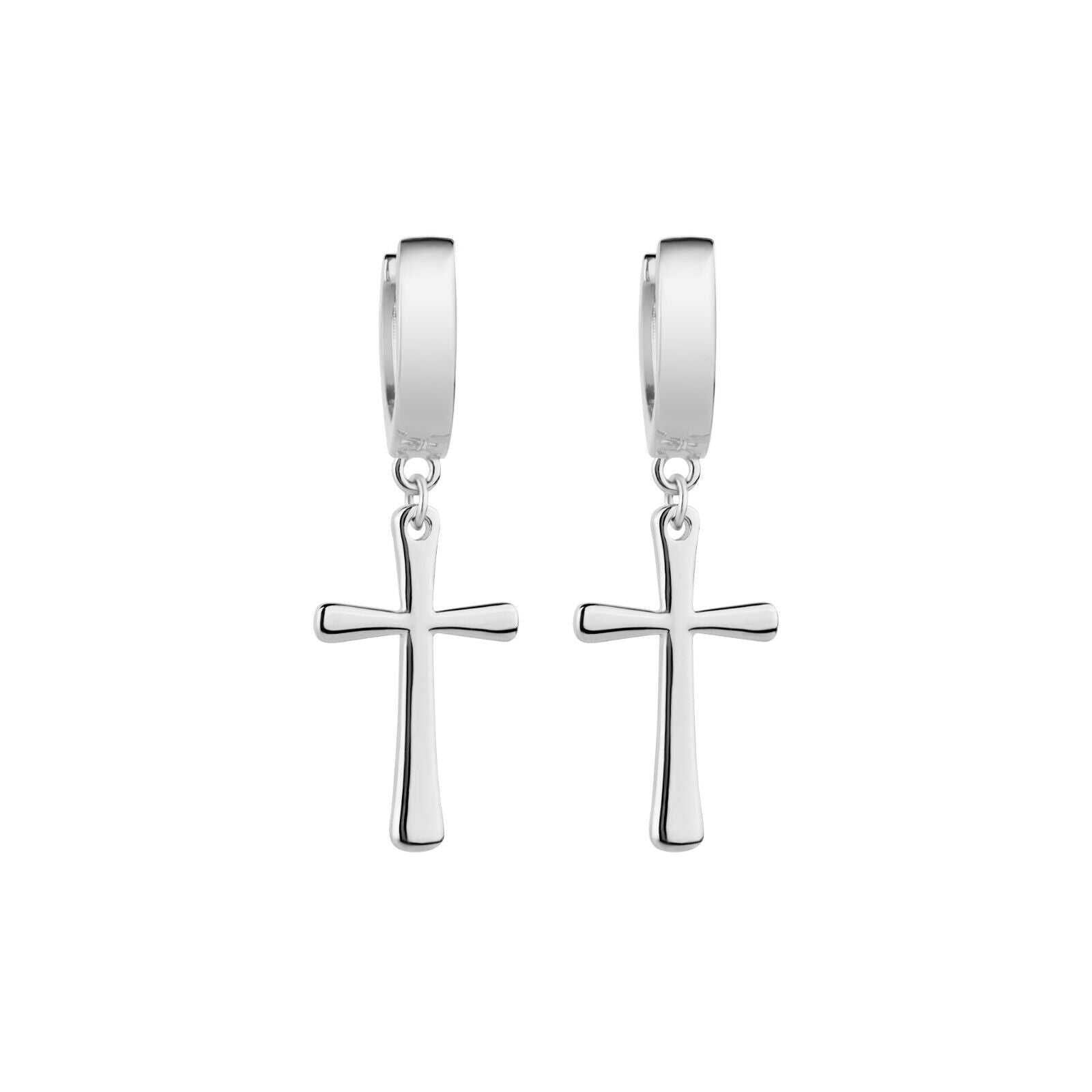 Sterling silver cross earrings with rhodium plating, featuring hoop design and cross dangle.