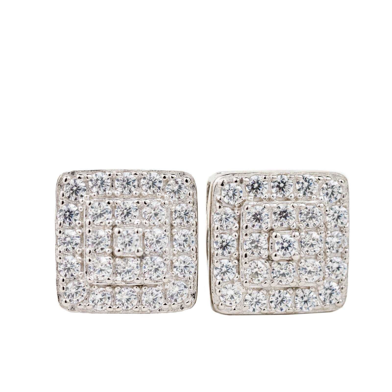 Mens solid 925 sterling silver square earrings with CZ stones and screw back.