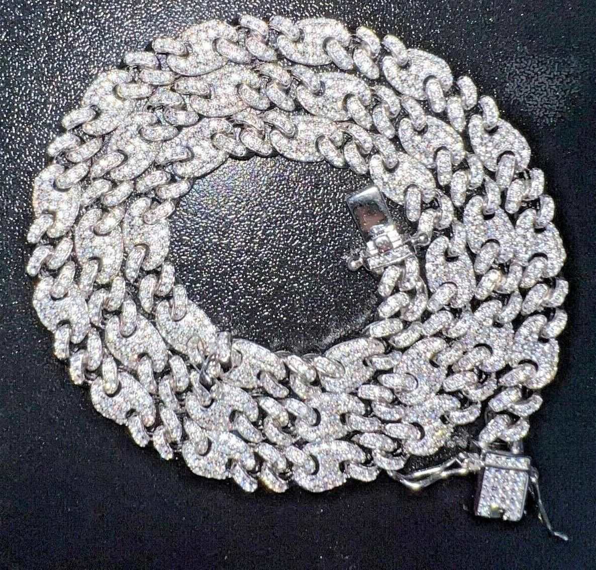 Moissanite Real Miami Cuban Mariner Link Chain Iced Hip Hop 925 Silver Necklace on black background.