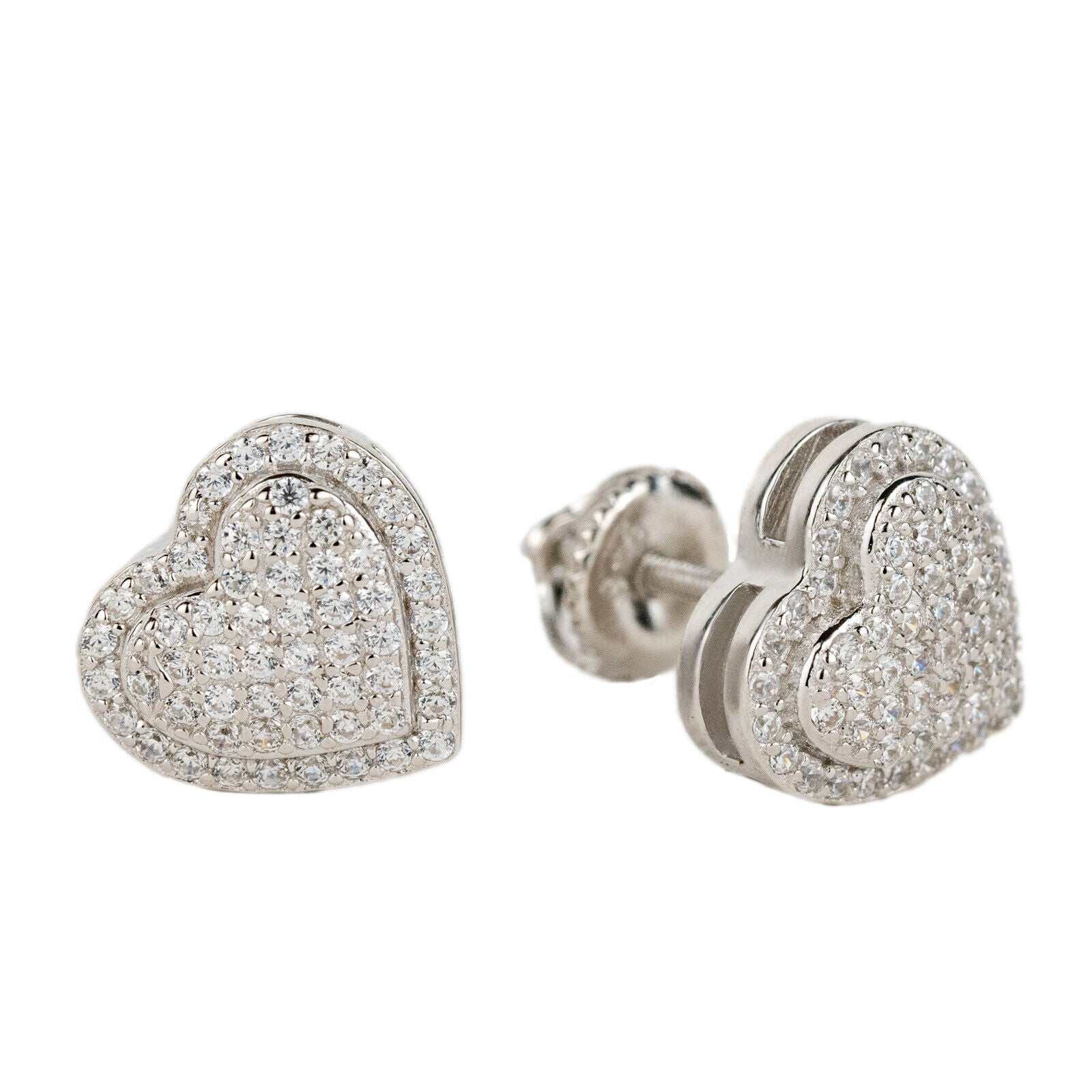 Heart shaped stud earrings in solid 925 sterling silver with 2ct VVS clear CZ stones.