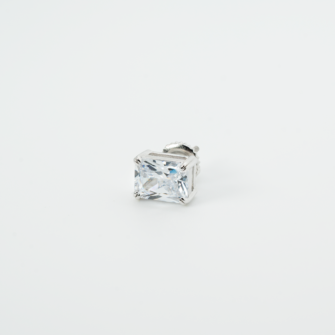 Rectangle stud earring in sterling silver with clear CZ stone.