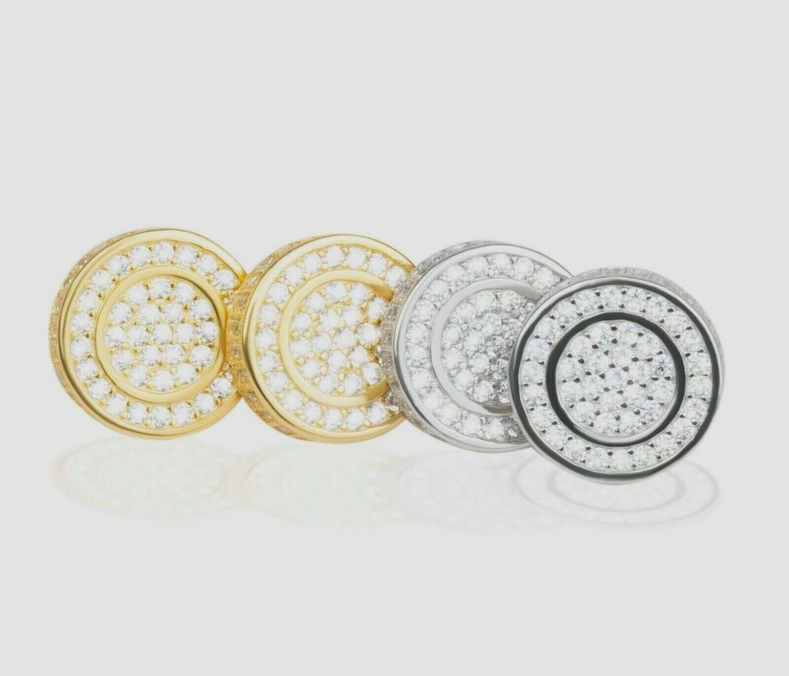 Real solid 925 silver iced CZ hip hop men's earrings, big studs, 18k gold finish.