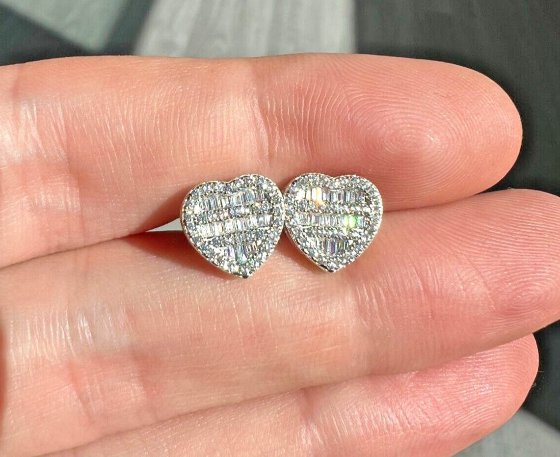 Baguette Heart Shaped Earrings in sterling silver with 14k gold plating and simulated diamonds.
