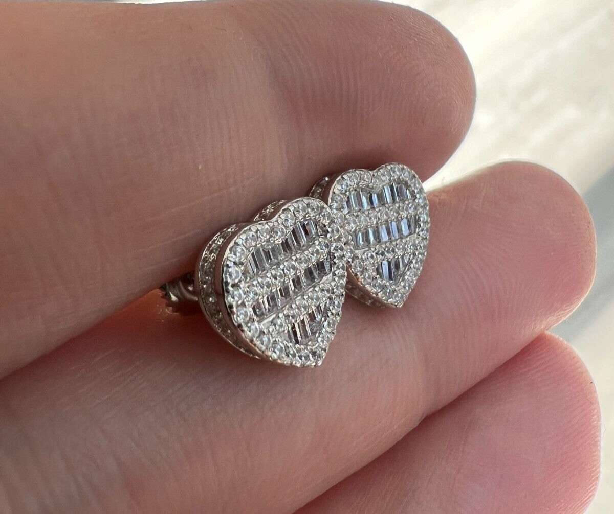Baguette Heart Shaped Earrings crafted from 925 sterling silver with 14k gold plating and sparkling man-made simulated diamonds.