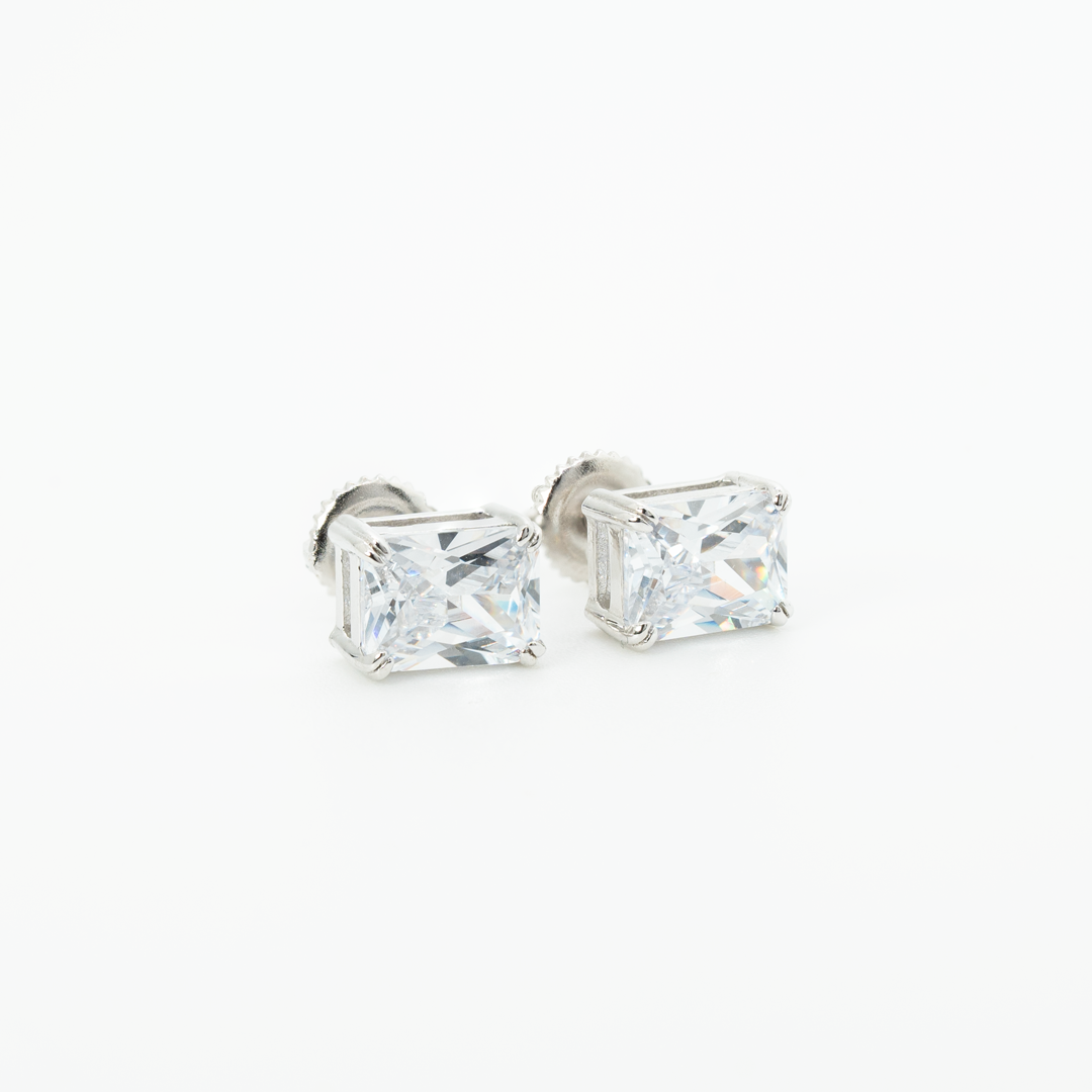Men's rectangle stud earrings in sterling silver with simulated diamond.