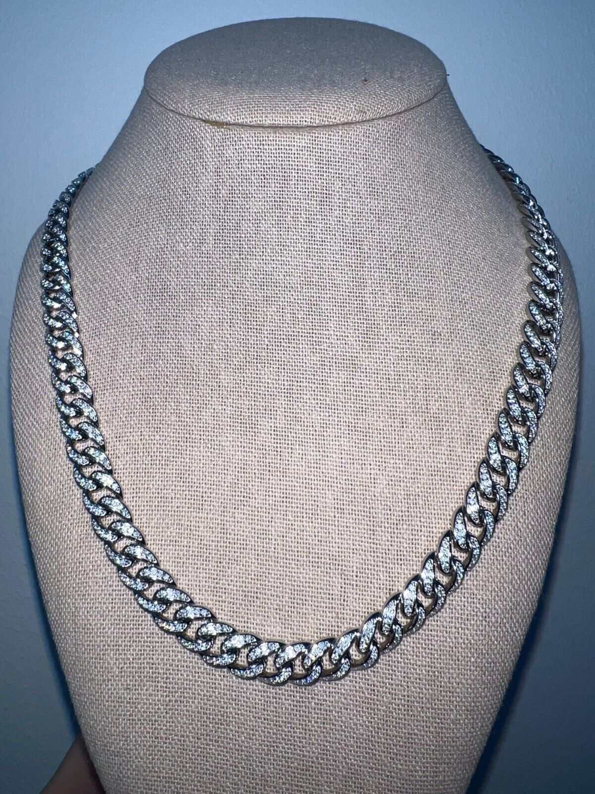 9MM Moissanite Real Miami Cuban Chain on display bust, iced hip hop style, 925 silver necklace.
