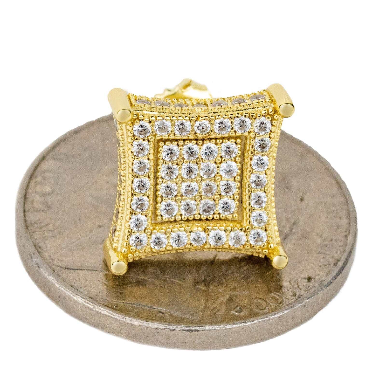 Mens 14k gold plated sterling silver iced CZ square kite earrings.