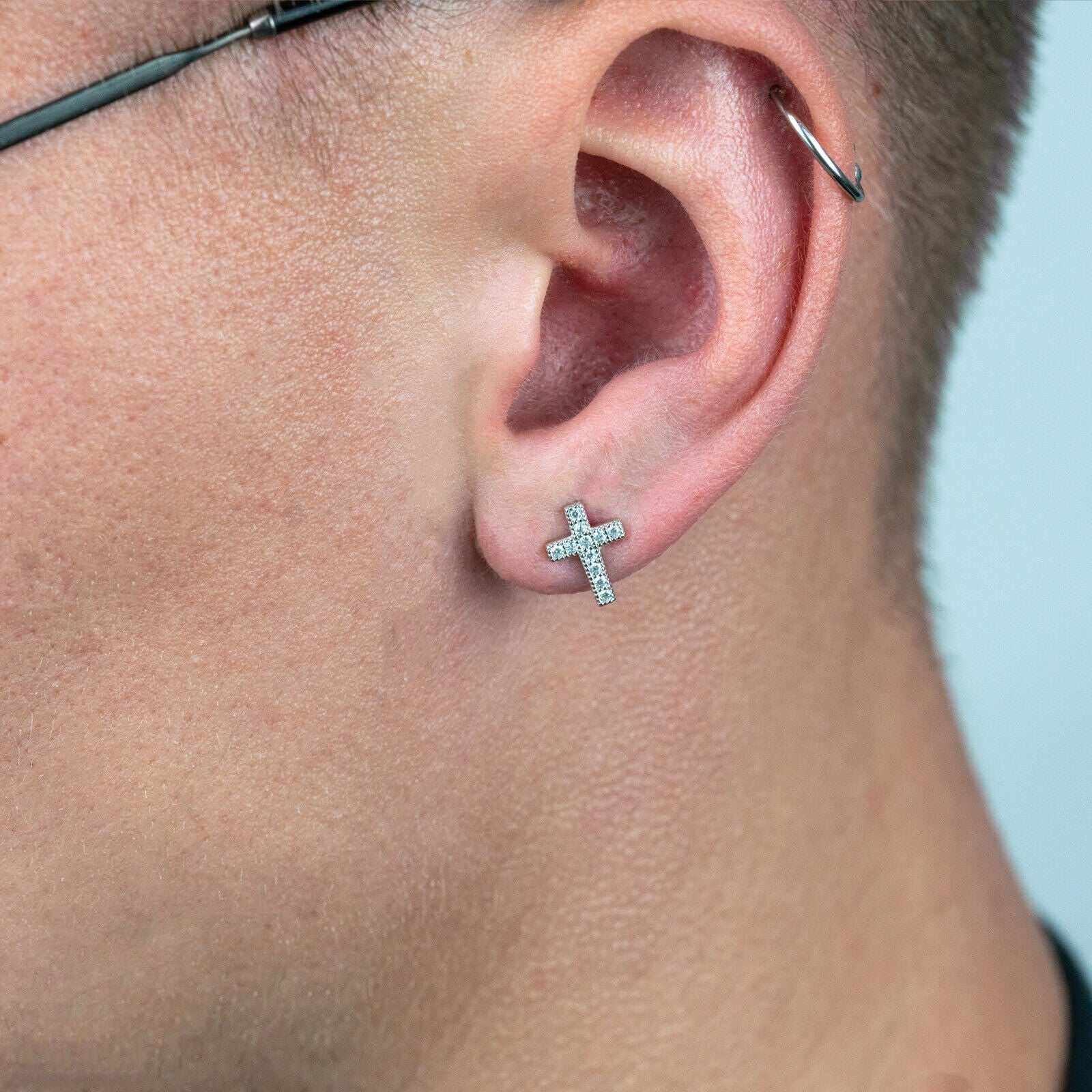 Mens solid 925 sterling silver cross earrings with CZ stones.
