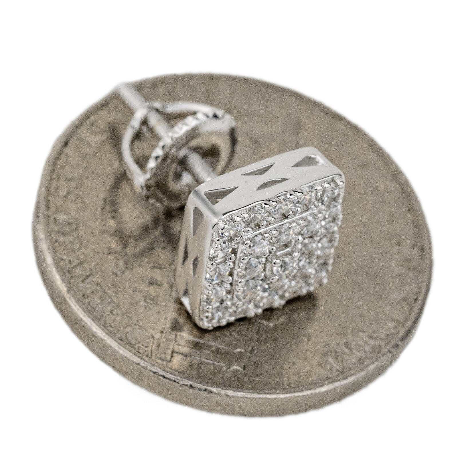 Mens solid 925 sterling silver square earrings with cubic zirconia, screw back design.