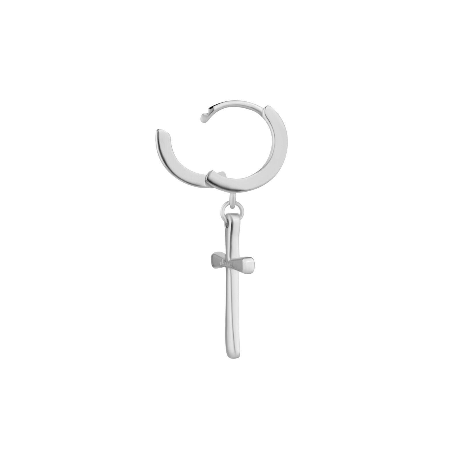 Sterling silver cross earrings with rhodium plating, featuring a hoop and cross dangle design.