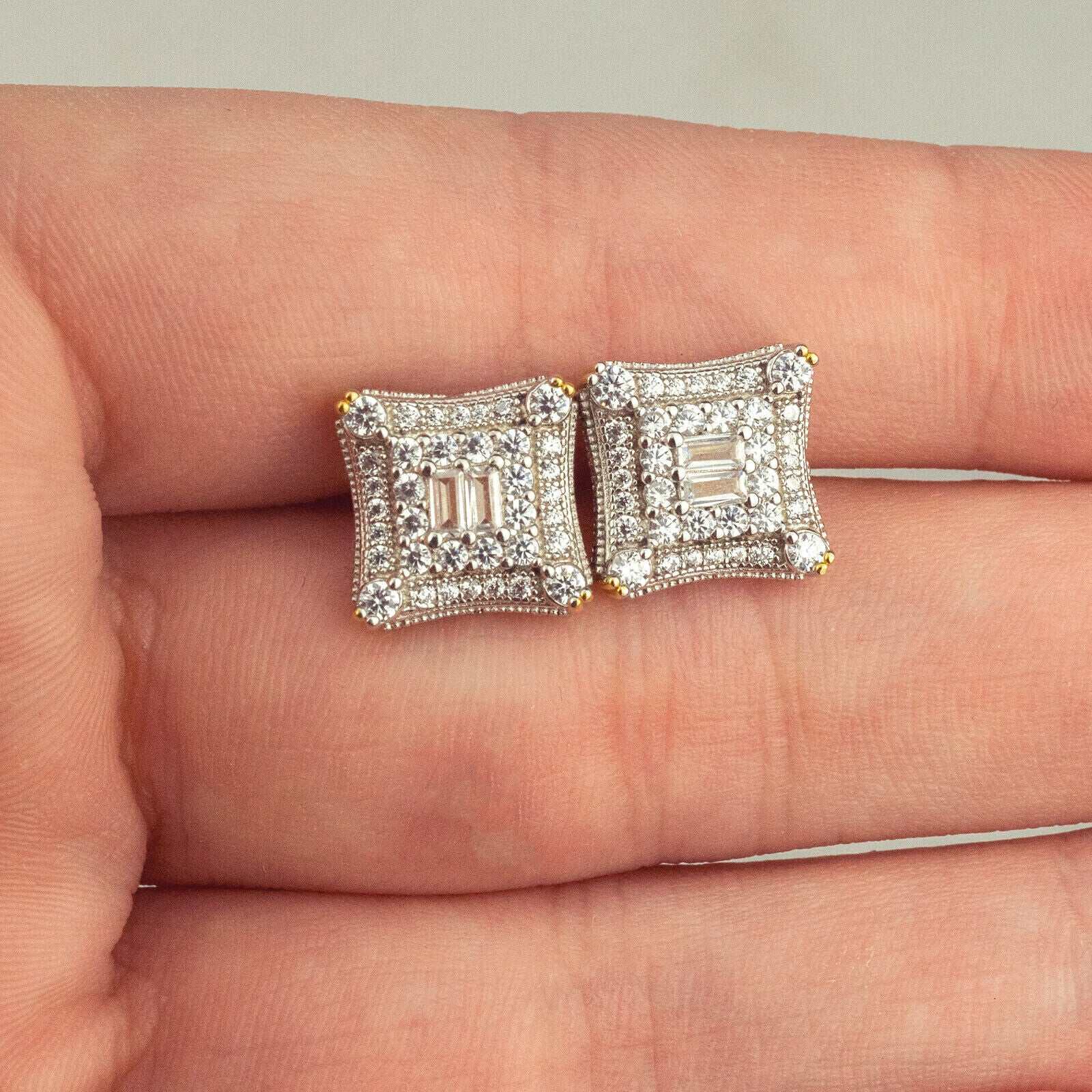 Mens 925 sterling silver 14K gold finish kite style stud earrings with CZ, hip hop design.