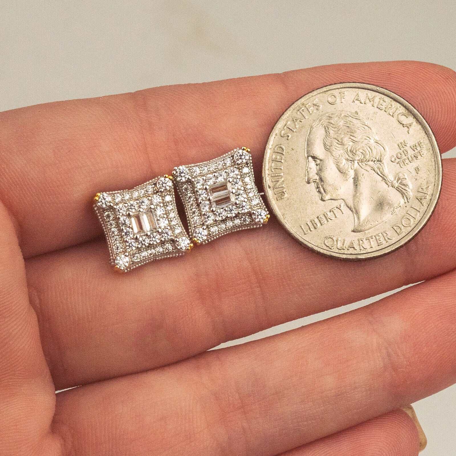 Mens 925 Sterling Silver 14K Gold Finish Earrings Studs with CZ, Hip Hop Style.