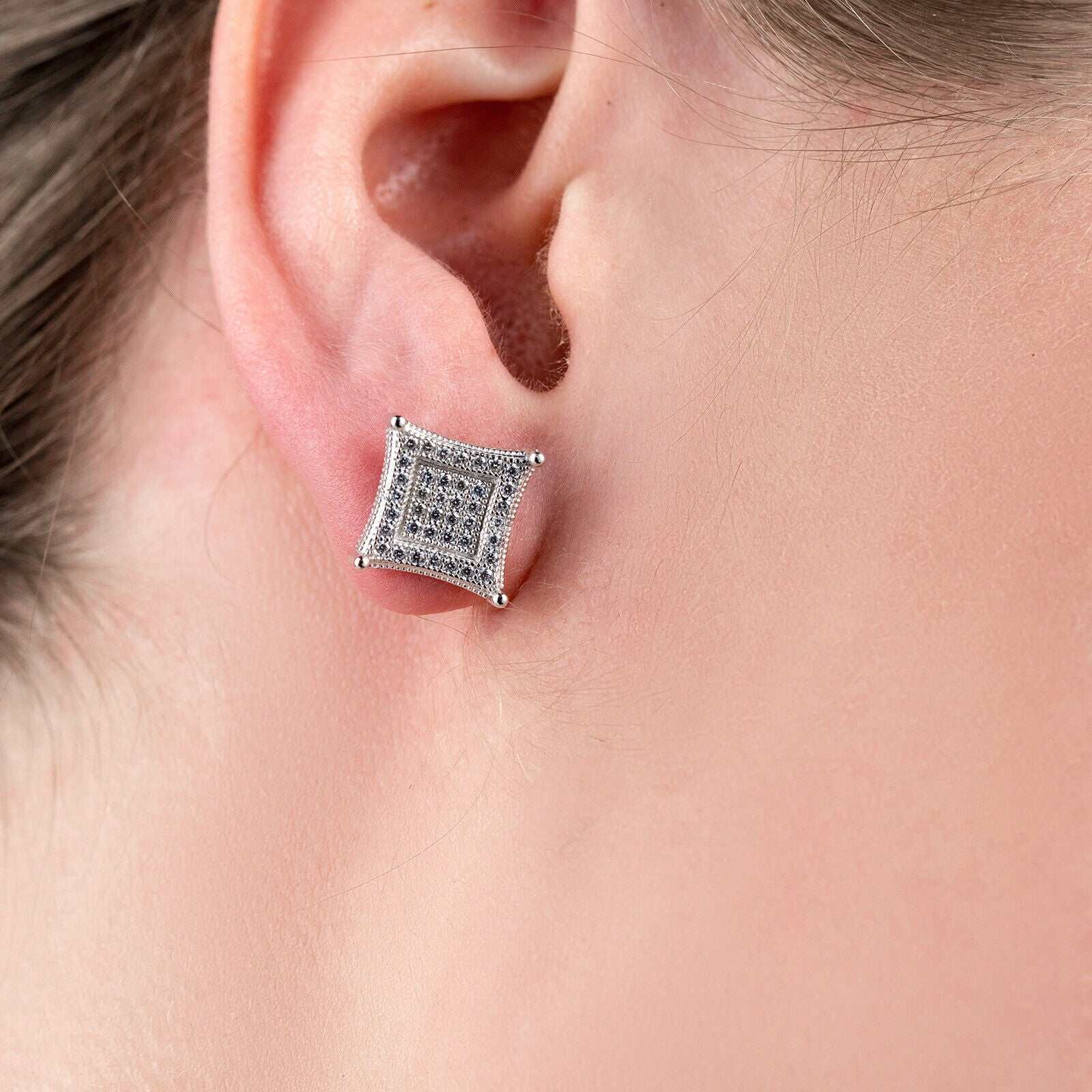 Men's kite-shaped sterling silver earrings with CZ stones, 10mm, hip hop style.