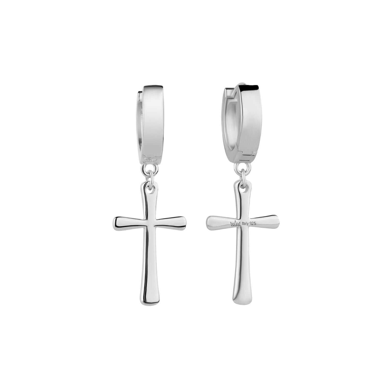 Sterling silver cross earrings with rhodium plating and hoop design.