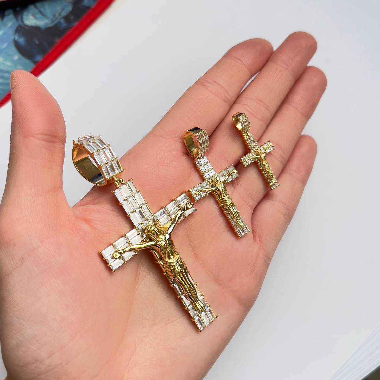 14K gold finish Jesus crucifix pendant with cubic zirconia detailing, available in three sizes.