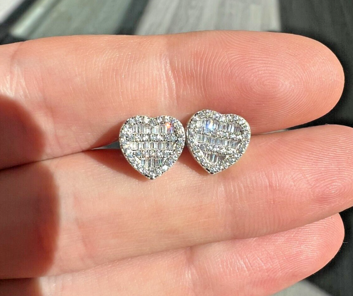 Baguette Heart Shaped Earrings in sterling silver with gold plating and simulated diamonds.