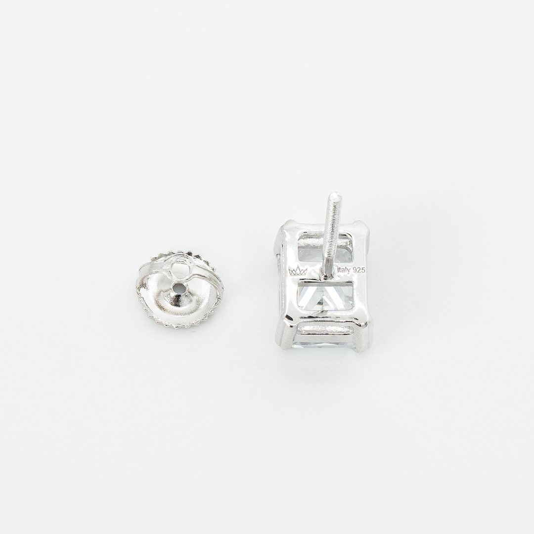 Sterling silver rectangle stud earrings with screw back closure for men.