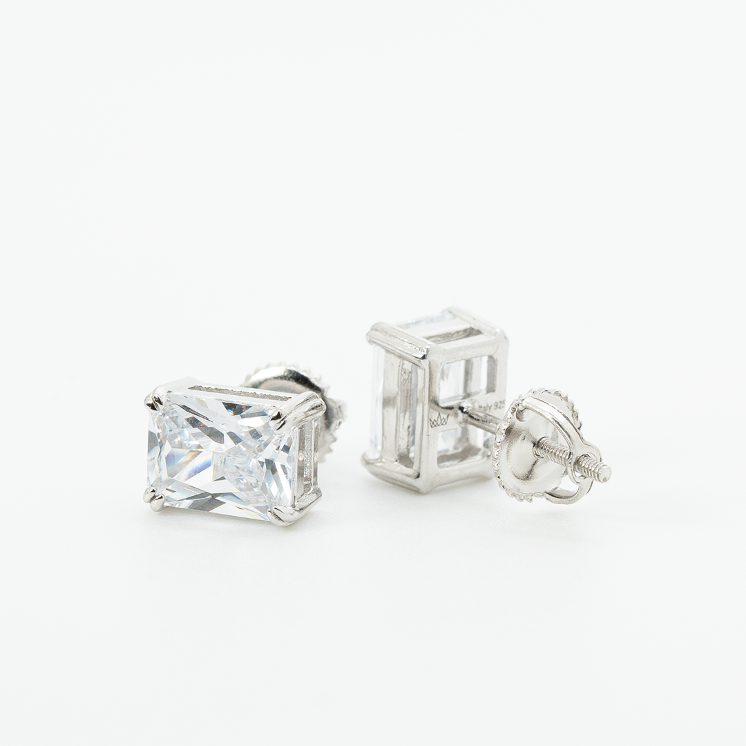 Rectangle stud earrings for men in 925 sterling silver with clear CZ stones.