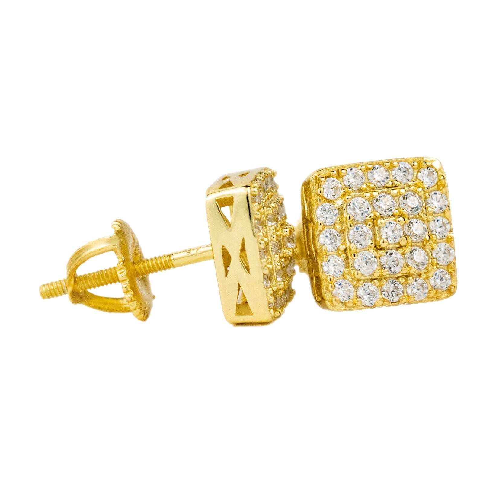 Square shaped stud earrings in 925 sterling silver, 14K gold plated, with cubic zirconia stones for men and women.