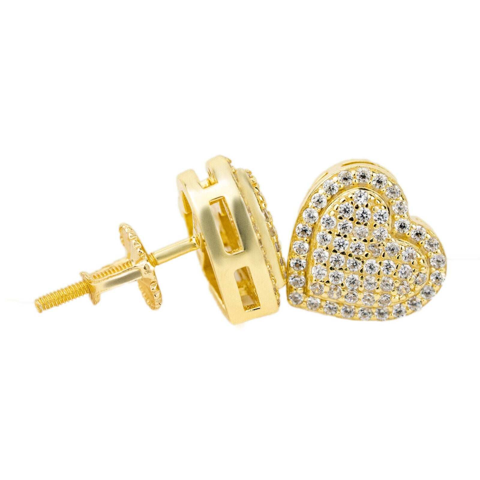 Men's 925 sterling silver 14k gold heart-shaped hip hop earrings.