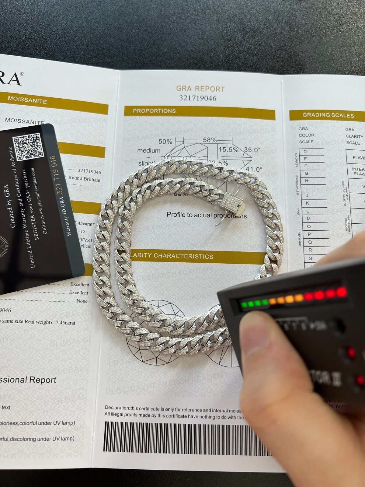 9MM Moissanite Real Miami Cuban Chain with certification, shown with a diamond tester, 925 silver necklace.