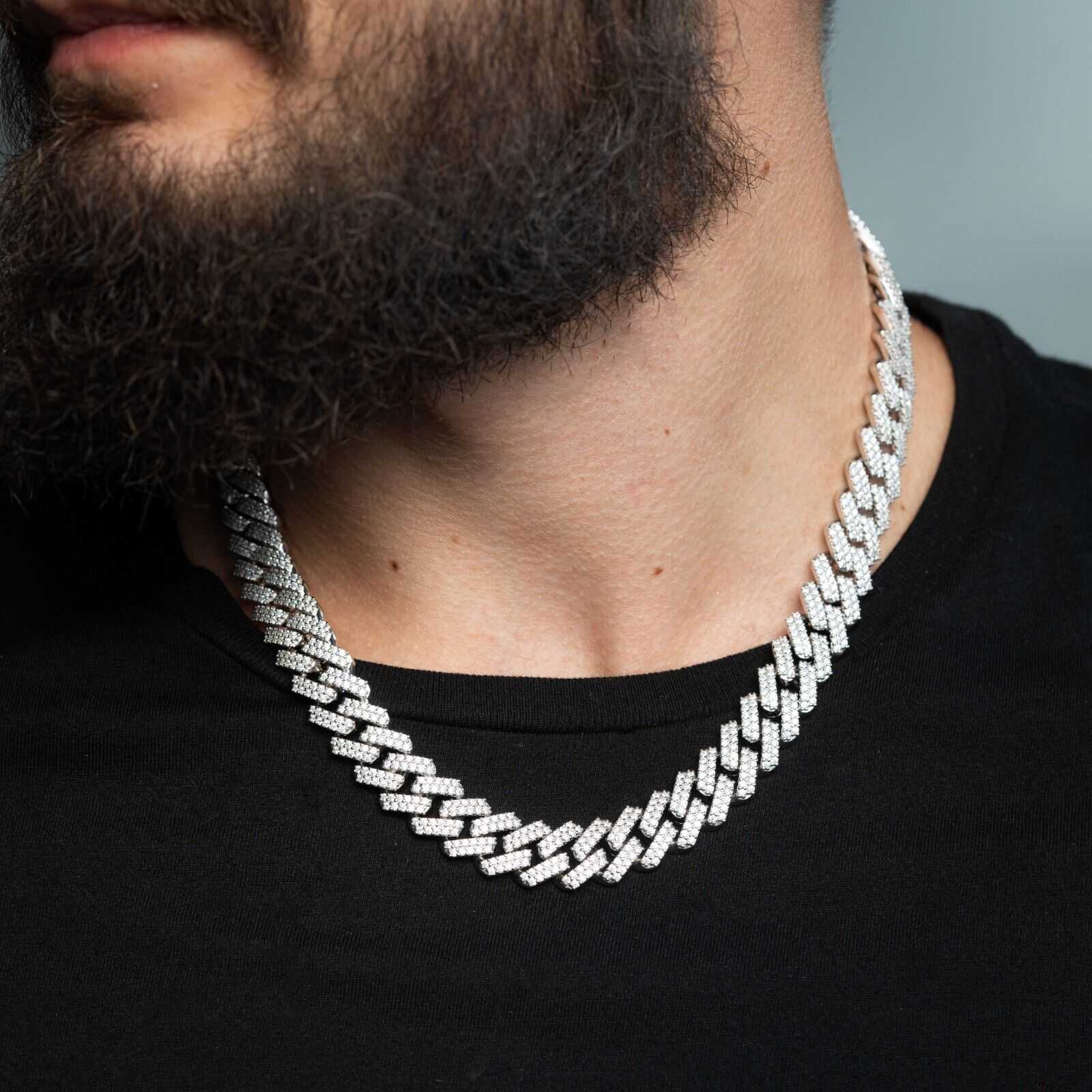 97ct Moissanite Miami Cuban Link Chain Iced Hip Hop 925 Silver Necklace on person.