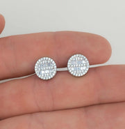 Round Baguette Stud Earrings in solid 925 sterling silver with clear CZ stones, 10mm wide.