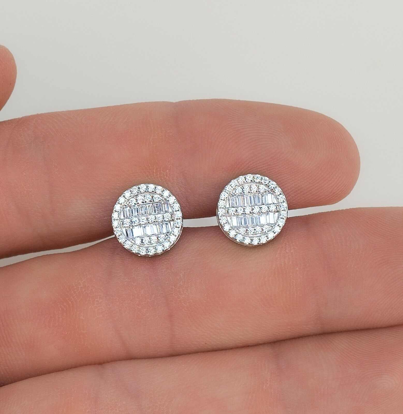 Round Baguette Stud Earrings in solid 925 sterling silver with clear CZ stones, 10mm wide.