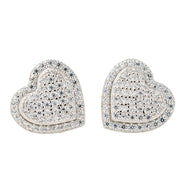 Heart shaped stud earrings in solid 925 sterling silver with 2ct VVS clear CZ stones, unisex design.