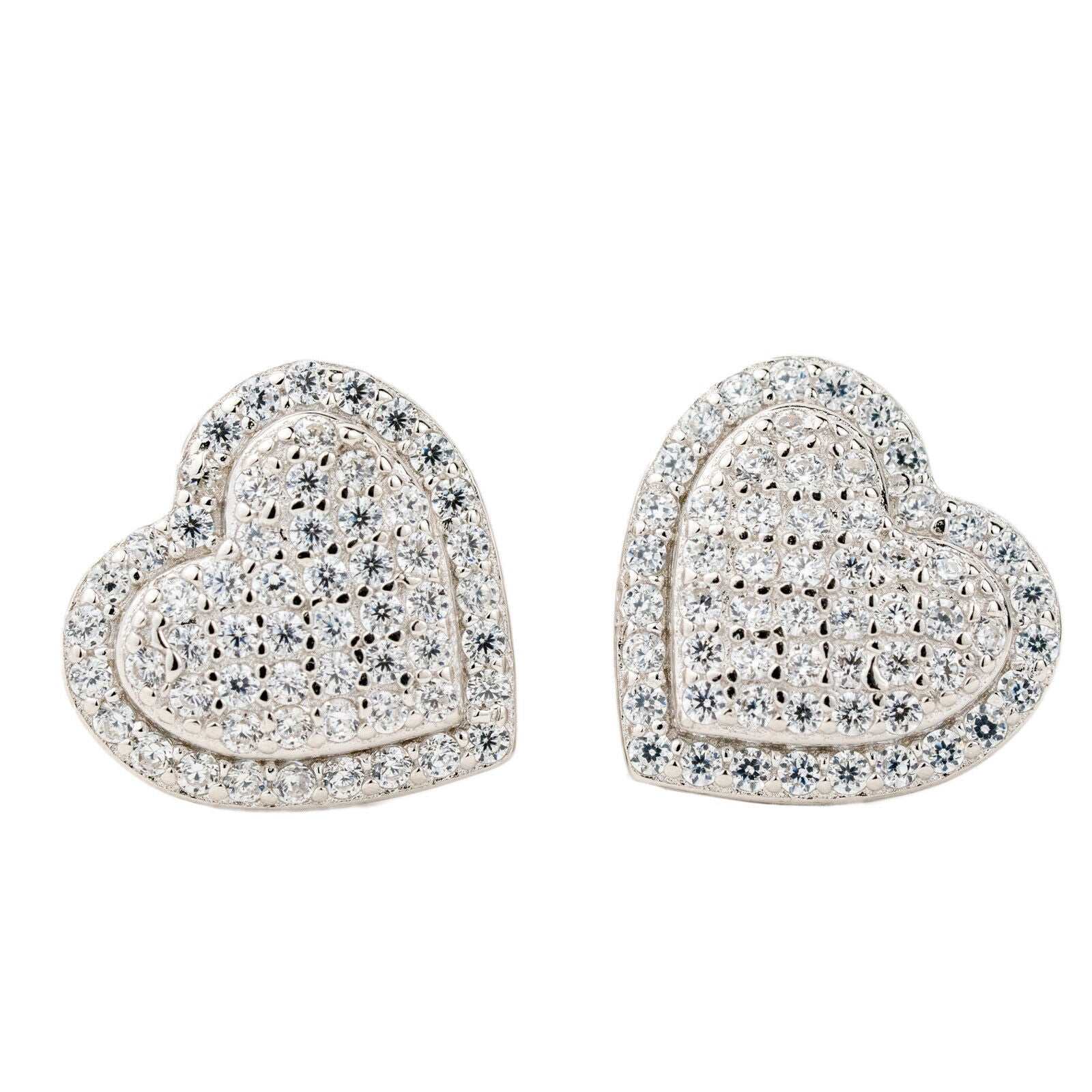 Heart shaped stud earrings in solid 925 sterling silver with 2ct VVS clear CZ stones, unisex design.