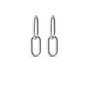 Link earrings with delicate chain design in sterling silver and brass, featuring rhodium and 18K gold finish, dimensions 9mm inner, 12mm outer, 29mm length.