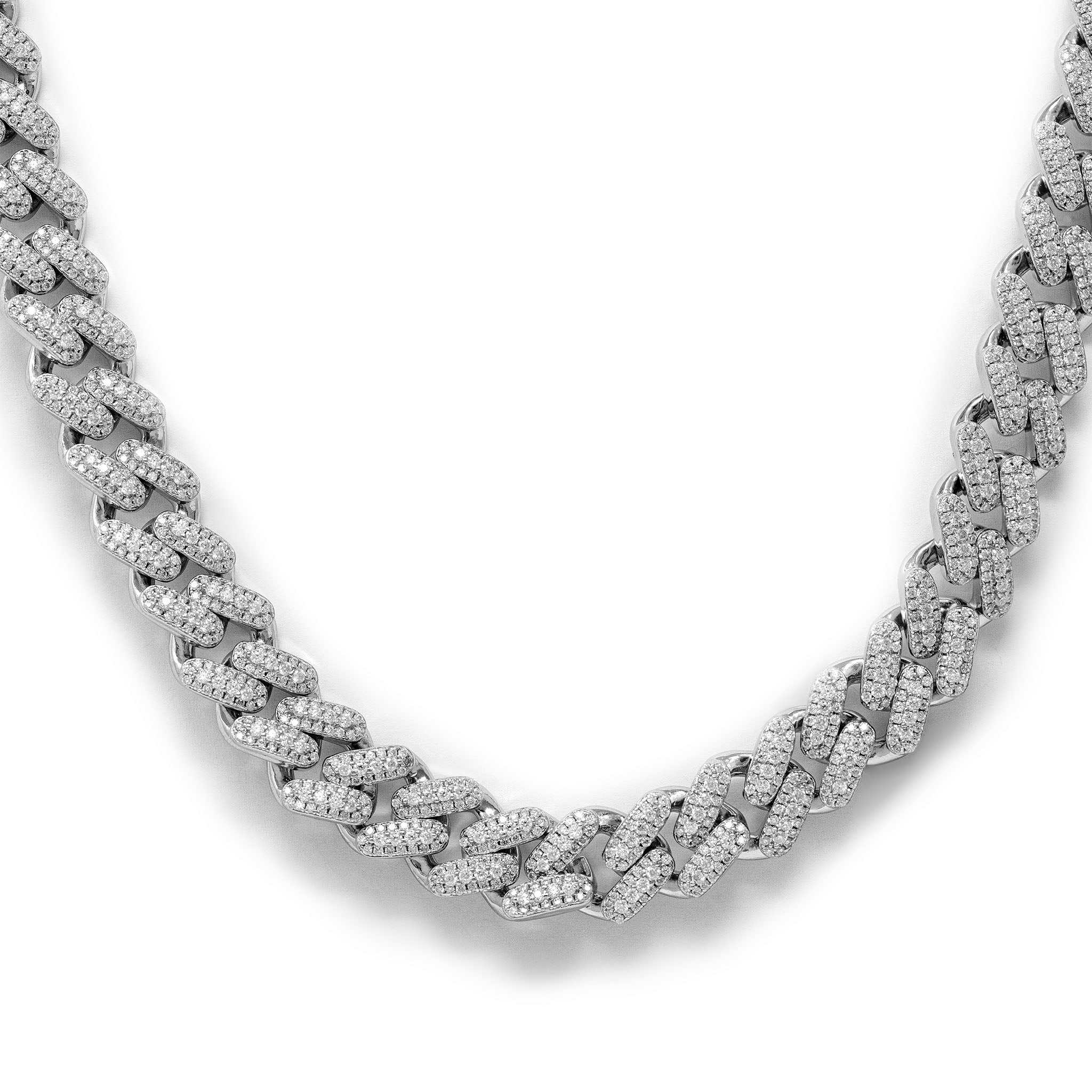12mm Moissanite Miami Cuban Link Chain in sterling silver with diamond-like stones.