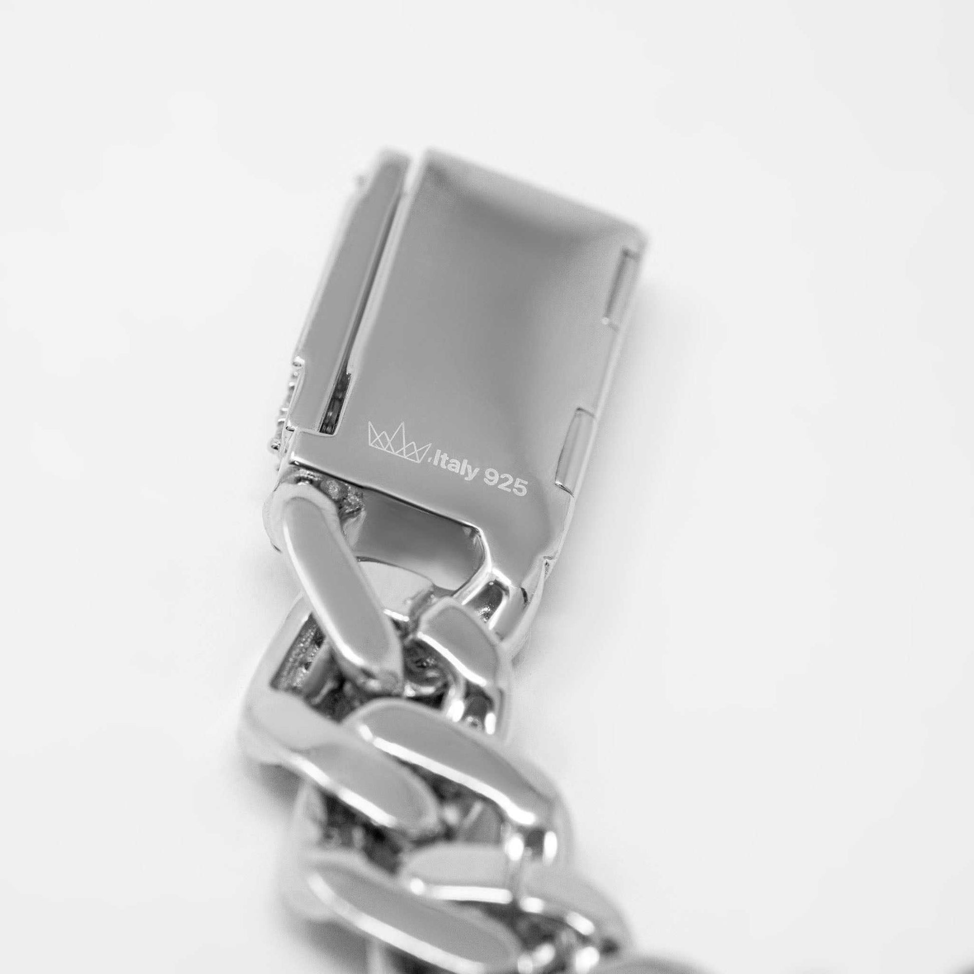 12mm Moissanite Miami Cuban Link Chain in sterling silver with rhodium finish.