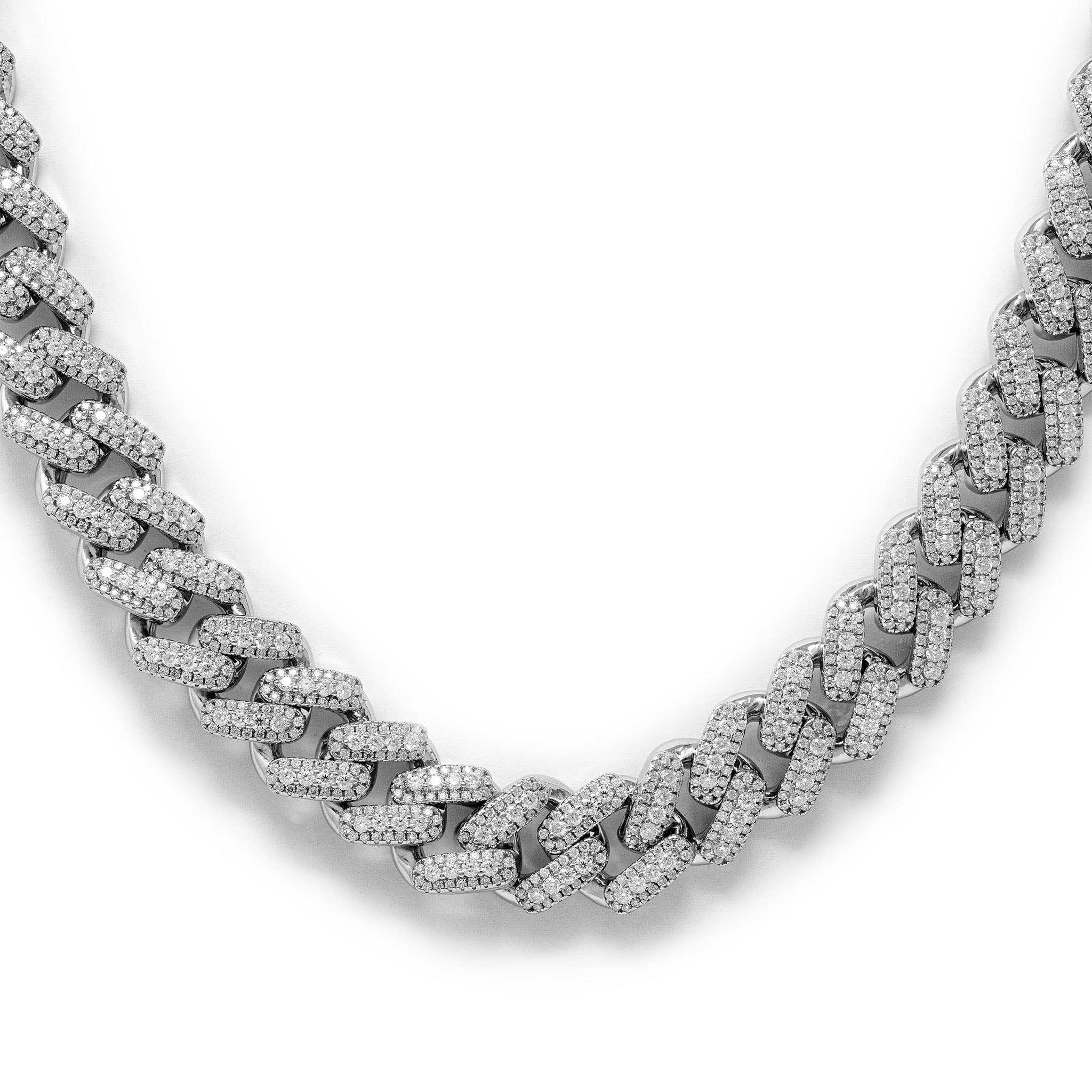 13mm Men Moissanite Miami Cuban Link Chain in sterling silver with moissanite stones.