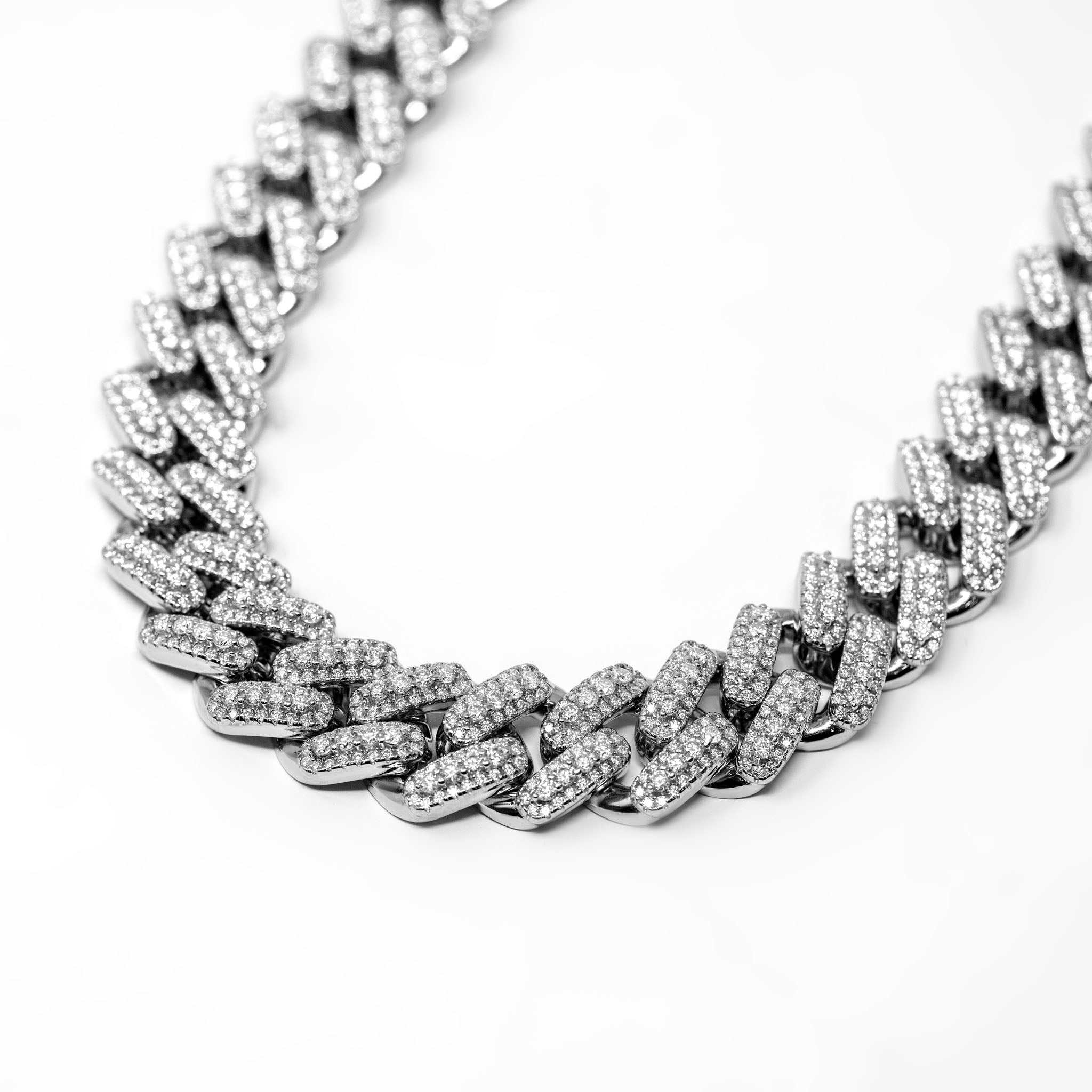 13mm Men Moissanite Miami Cuban Link Chain in rhodium-finished sterling silver with VVS1 icy D color stones