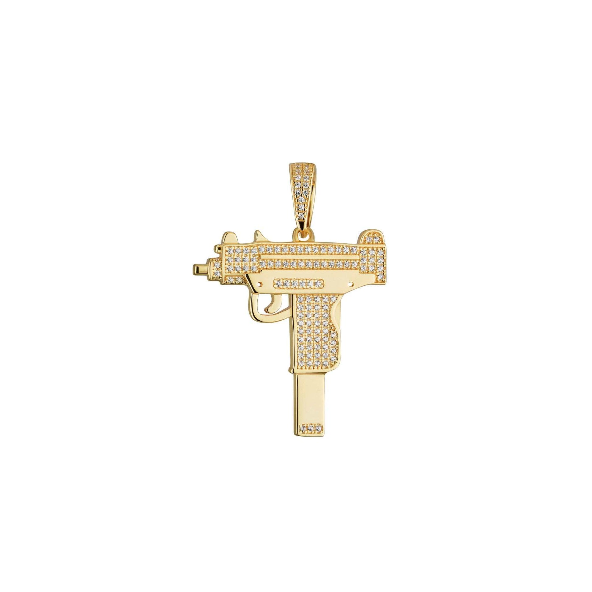 Gold Uzi pendant with clear CZ stones, featuring rhodium or 14k yellow gold-plated options.