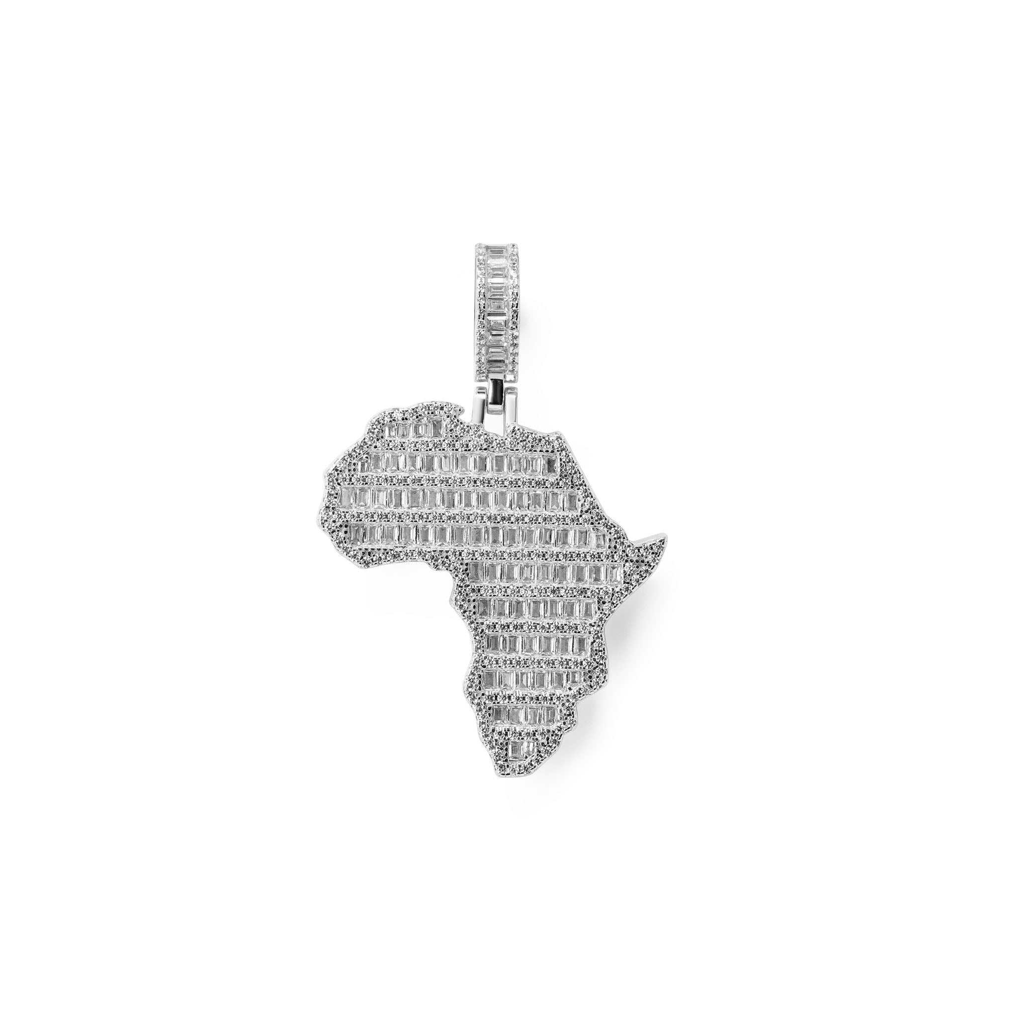 Sterling silver Africa pendant with dazzling micro pave cz diamonds in baguette and round cuts, 1.5-inch size, handmade in Italy.