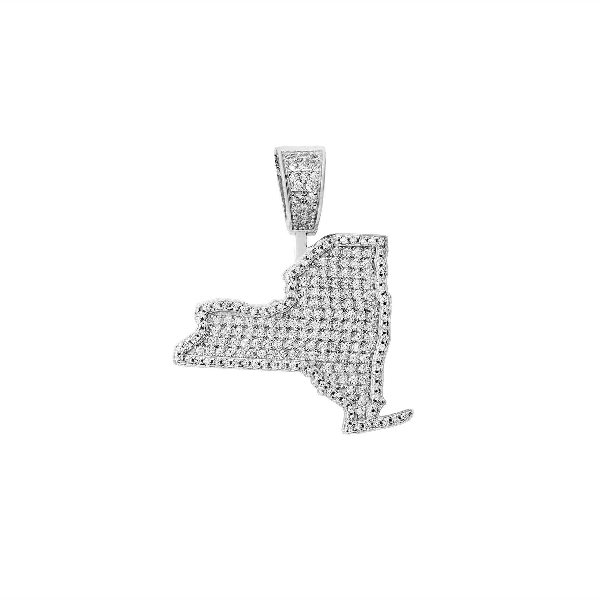 925 sterling silver New York state pendant with micro pave cubic zirconia stones, 1.5-inch size, no chain included