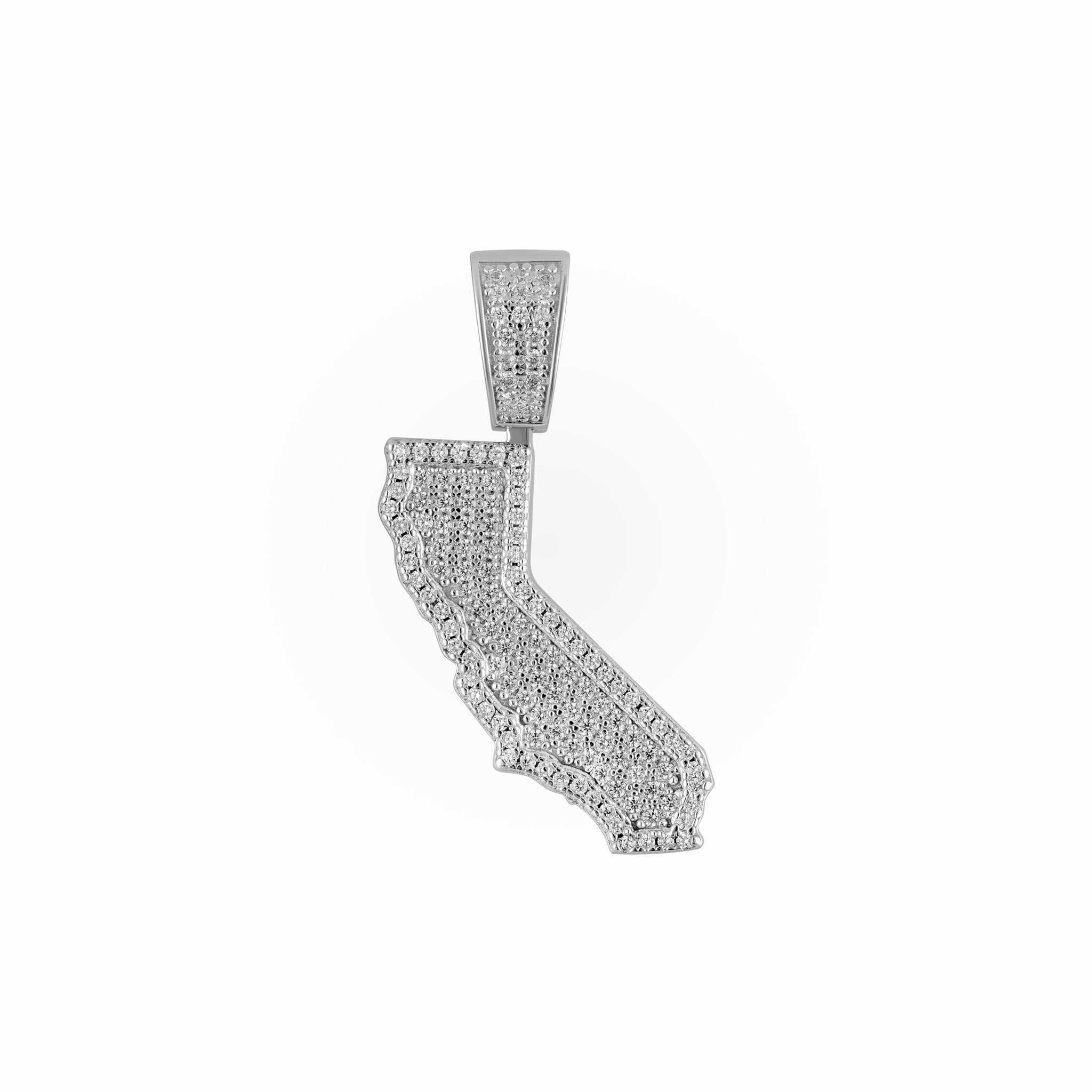 California State-shaped pendant in solid 925 sterling silver with rhodium plating and cubic zirconia stones, 1.5 by 0.7 inches, no chain included