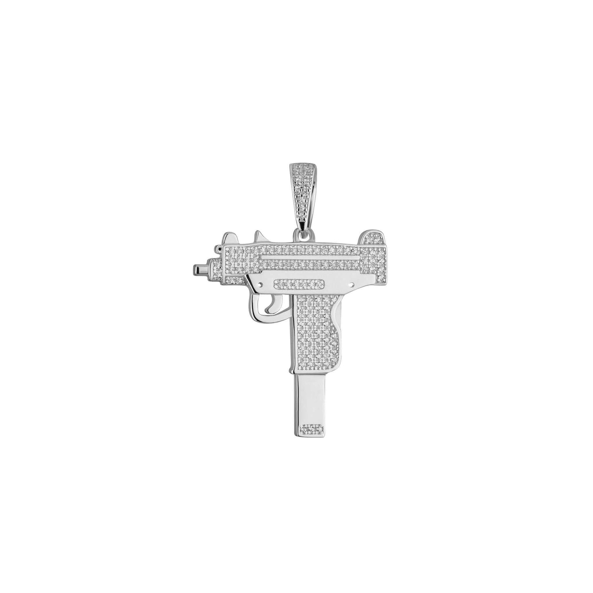 925 sterling silver Uzi pendant with over 100 clear cubic zirconia stones, rhodium-plated, 1.5 x 1.2 inches, pendant only.