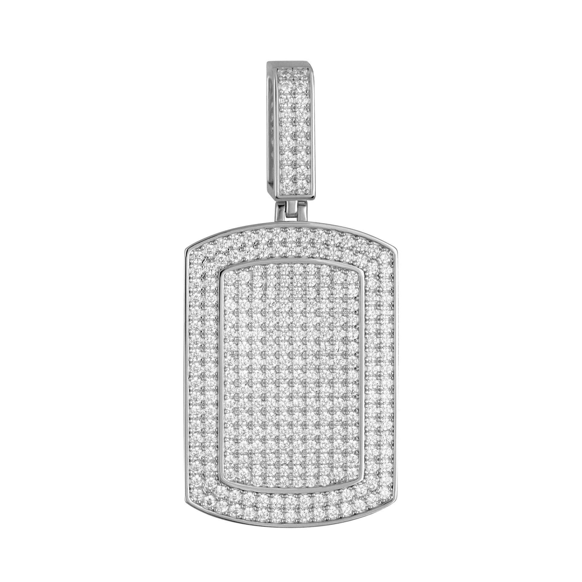 Solid 925 sterling silver dog tag pendant with clear CZ stones and rhodium finish, icy look, no tarnish, available in multiple sizes